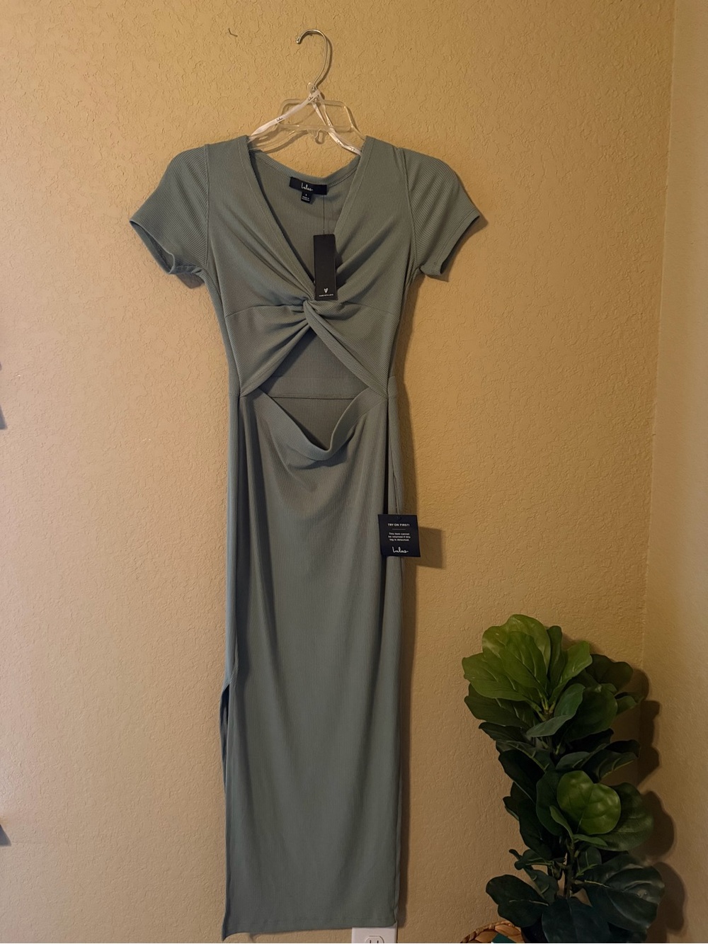 NWT Lulus Style Twist Sage Green Twist Front Cutout Midi Dress | Size Small - Picture 2 of 6
